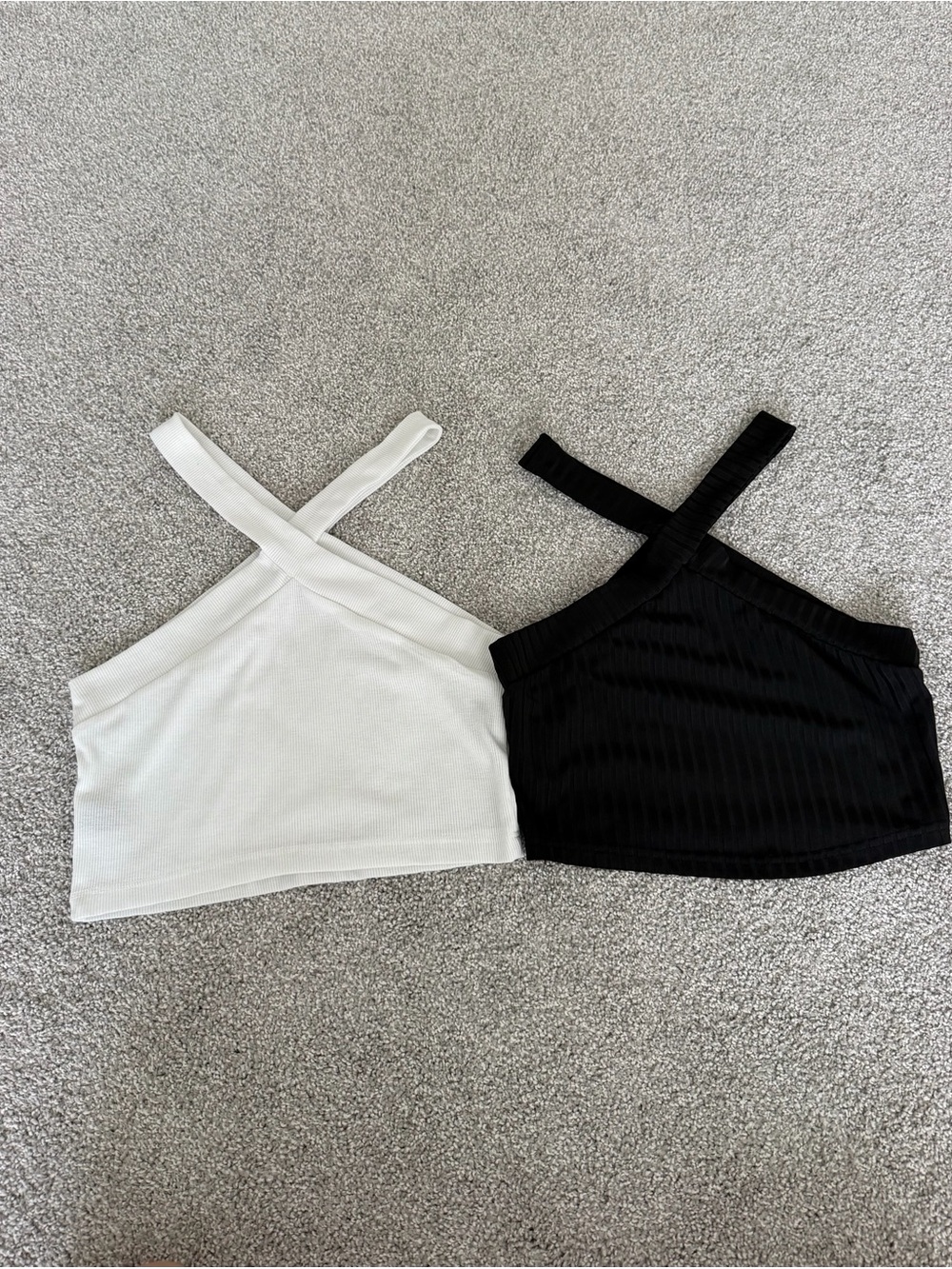 Cross-Strap Ribbed Crop Tank Top - Black and White